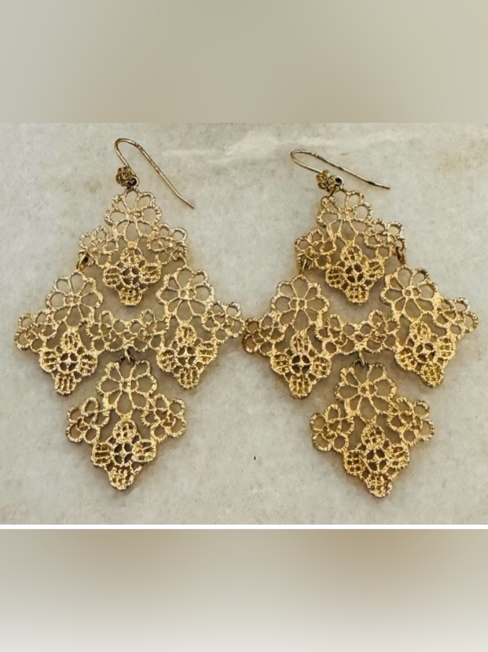 Stella & Dot Chantilly Lace Gold Filigree Statement Drop Earrings | Retired